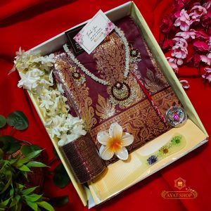 exclusive tangail maroon katan saree combo set